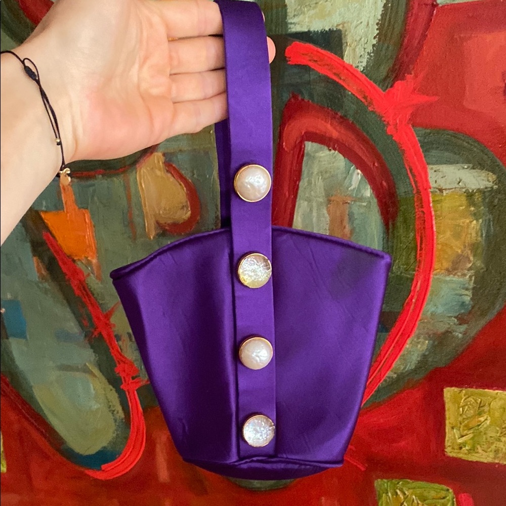 Vintage art deco Dominique Aurientis faux pearl satin purple mini bag